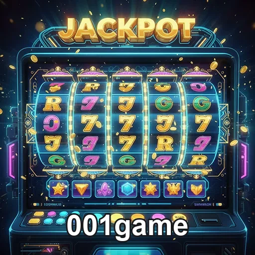 Imagem de uma máquina de caça-níqueis no site 001game, com símbolos coloridos e iluminação vibrante.